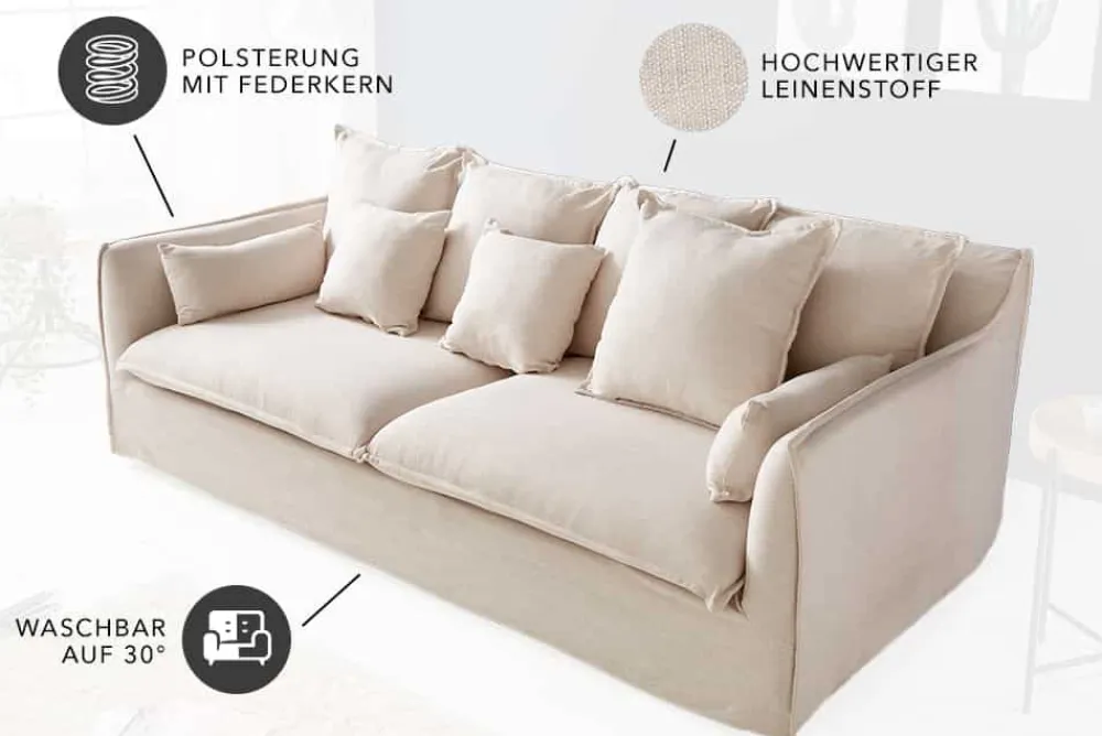 Riess-Ambiente Xxl Sofa|3-Sitzer Sofa > Großes 3-Sitzer Sofa HEAVEN 200cm natur beige Leinenstoff Federkern Hussensofa