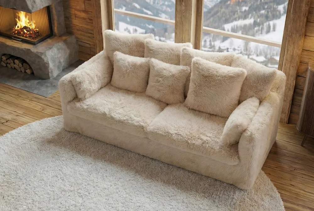 Riess-Ambiente Xxl Sofa|3-Sitzer Sofa > Großes 3-Sitzer Sofa YETI 200cm beige sand langfloriger Plüsch Shaggy-Stoff