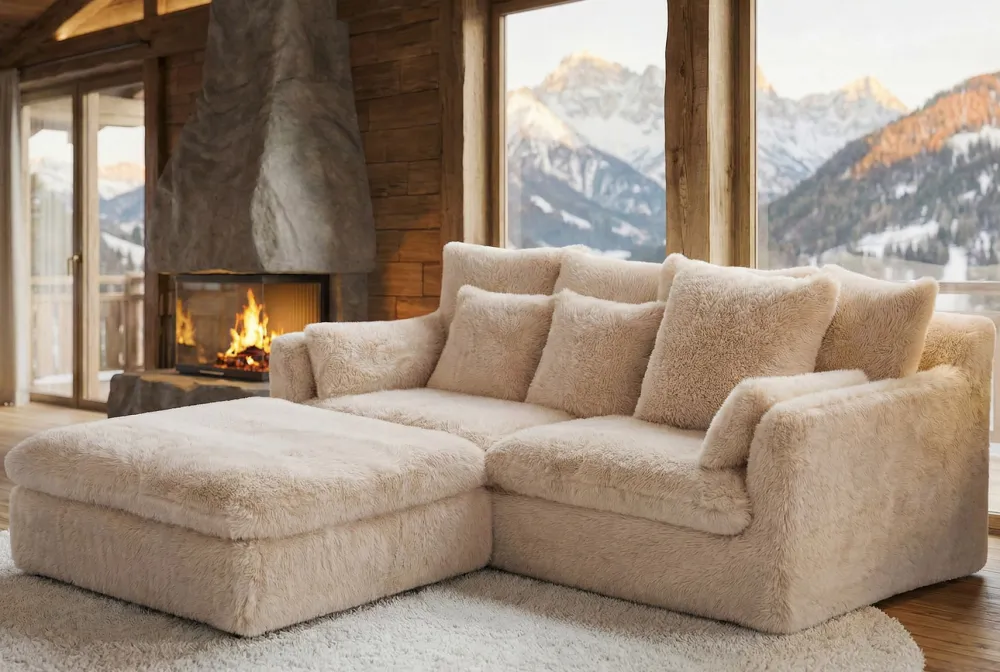 Riess-Ambiente Xxl Sofa|3-Sitzer Sofa > Großes 3-Sitzer Sofa YETI 200cm beige sand langfloriger Plüsch Shaggy-Stoff