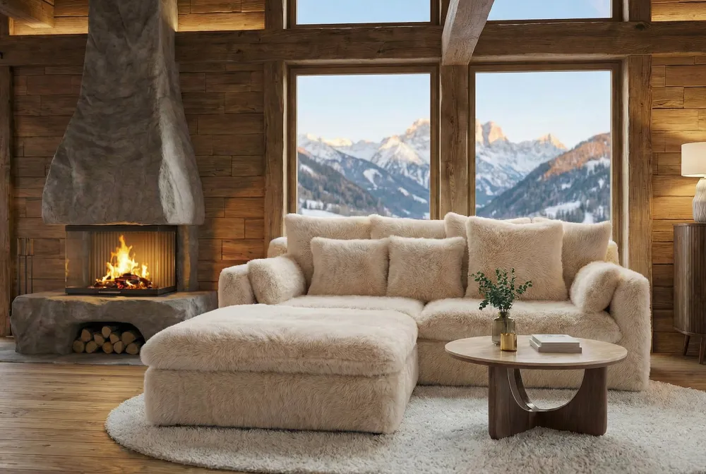 Riess-Ambiente Xxl Sofa|3-Sitzer Sofa > Großes 3-Sitzer Sofa YETI 200cm beige sand langfloriger Plüsch Shaggy-Stoff