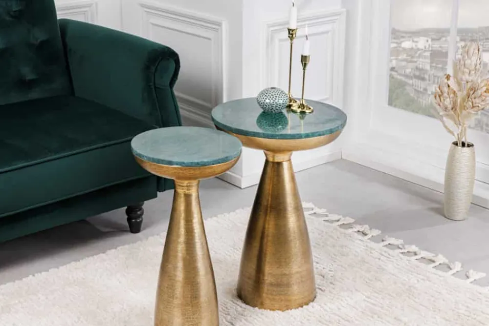 Riess-Ambiente Beistelltische|Goldene Möbel > Handgearbeiteter Beistelltisch ELEMENTS 60cm gold grün Marmor rund
