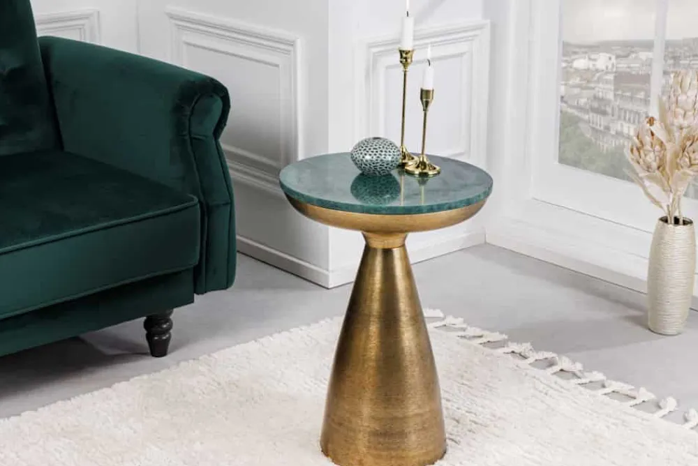 Riess-Ambiente Beistelltische|Goldene Möbel > Handgearbeiteter Beistelltisch ELEMENTS 60cm gold grün Marmor rund