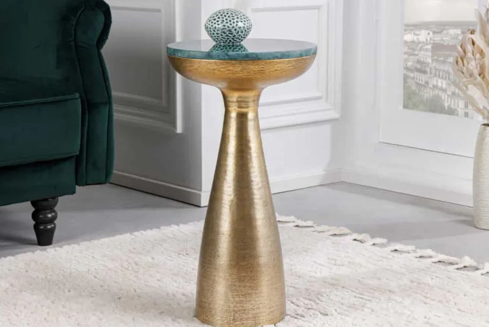 Riess-Ambiente Beistelltische|Goldene Möbel > Handgearbeiteter Beistelltisch ELEMENTS 55cm gold grün Marmor rund