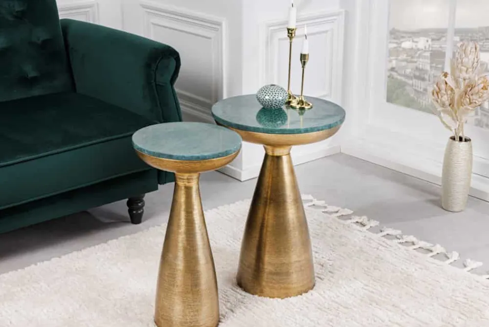 Riess-Ambiente Beistelltische|Goldene Möbel > Handgearbeiteter Beistelltisch ELEMENTS 55cm gold grün Marmor rund