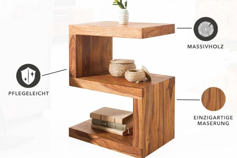 Riess-Ambiente Beistelltische|Mehr... > Handgearbeiteter Beistelltisch S 60cm braun Sheesham Massivholz stone finish Ablage