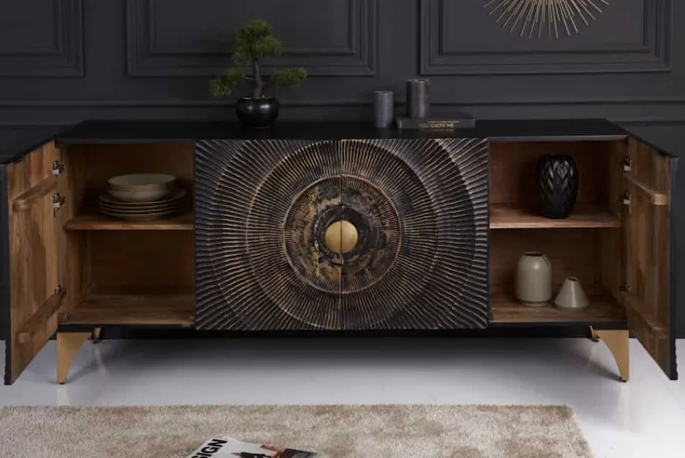Riess-Ambiente Mehr...|Goldene Möbel > Handgearbeitetes Sideboard GOLDEN SUNSET 180cm schwarz mit 3D Schnitzereien gold Mangoholz Metallbeine