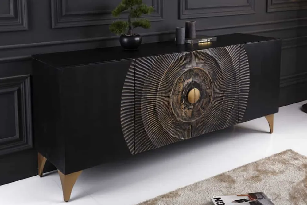 Riess-Ambiente Mehr...|Goldene Möbel > Handgearbeitetes Sideboard GOLDEN SUNSET 180cm schwarz mit 3D Schnitzereien gold Mangoholz Metallbeine