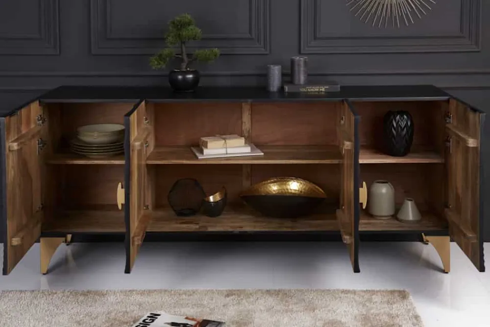Riess-Ambiente Mehr...|Goldene Möbel > Handgearbeitetes Sideboard GOLDEN SUNSET 180cm schwarz mit 3D Schnitzereien gold Mangoholz Metallbeine