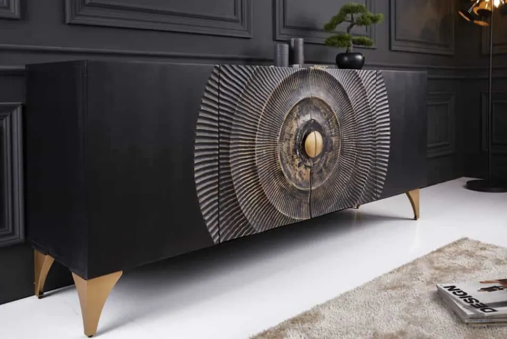 Riess-Ambiente Mehr...|Goldene Möbel > Handgearbeitetes Sideboard GOLDEN SUNSET 180cm schwarz mit 3D Schnitzereien gold Mangoholz Metallbeine
