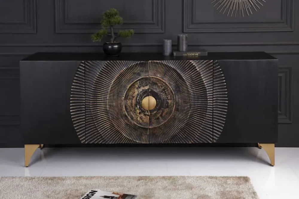 Riess-Ambiente Mehr...|Goldene Möbel > Handgearbeitetes Sideboard GOLDEN SUNSET 180cm schwarz mit 3D Schnitzereien gold Mangoholz Metallbeine