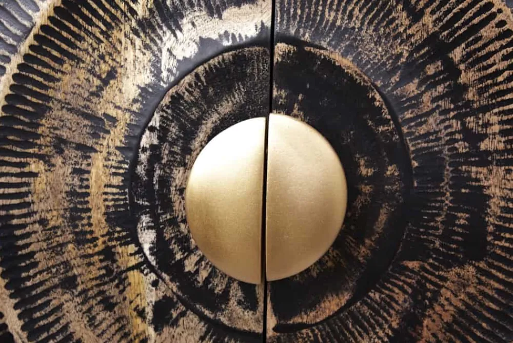 Riess-Ambiente Mehr...|Goldene Möbel > Handgearbeitetes Sideboard GOLDEN SUNSET 180cm schwarz mit 3D Schnitzereien gold Mangoholz Metallbeine