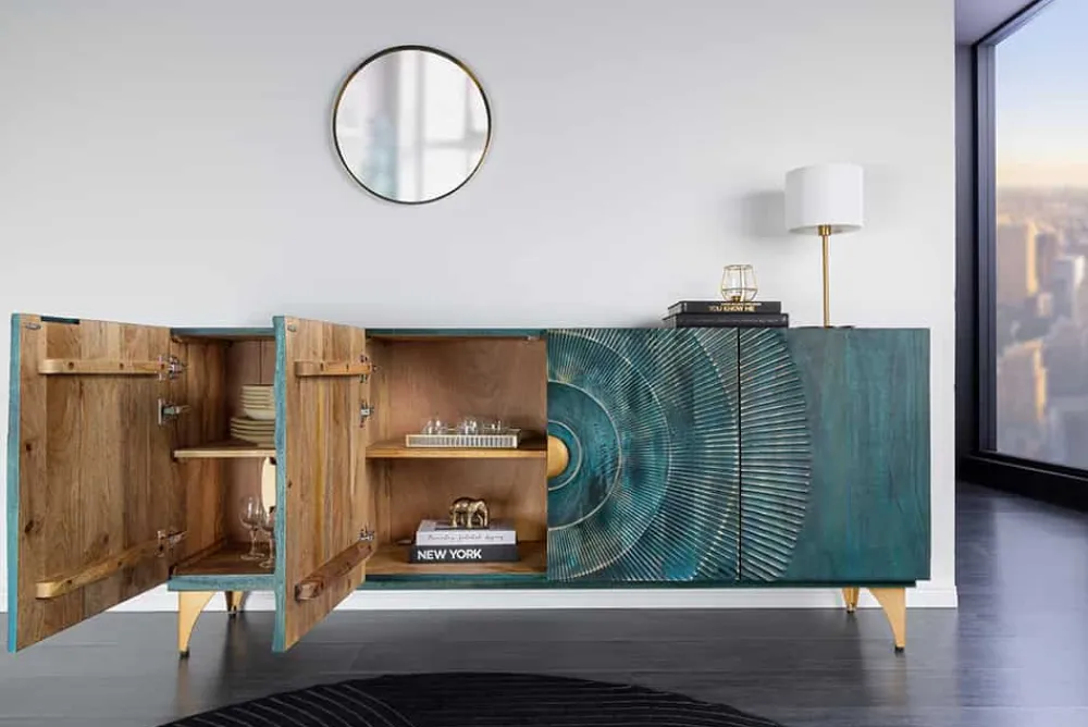Riess-Ambiente Mehr...|Goldene Möbel > Handgearbeitetes Sideboard GOLDEN SUNSET 180cm türkis gold Mangoholz Metallbeine