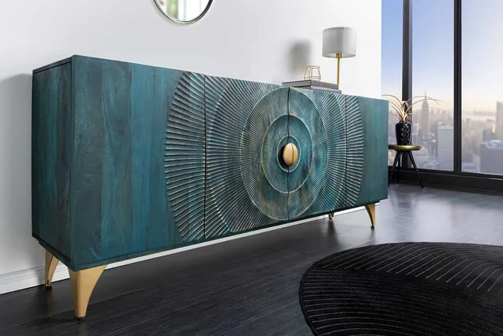 Riess-Ambiente Mehr...|Goldene Möbel > Handgearbeitetes Sideboard GOLDEN SUNSET 180cm türkis gold Mangoholz Metallbeine