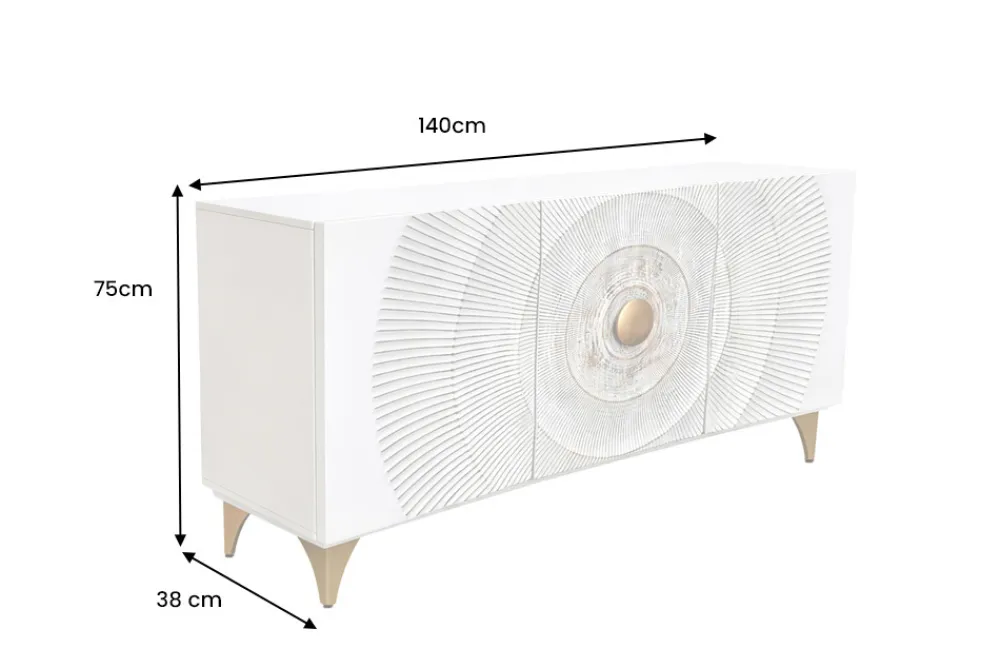 Riess-Ambiente Goldene Möbel|Mehr... > Handgearbeitetes Sideboard GOLDEN SUNSET 140cm weiß mit 3D Schnitzereien gold Mangoholz Metallbeine