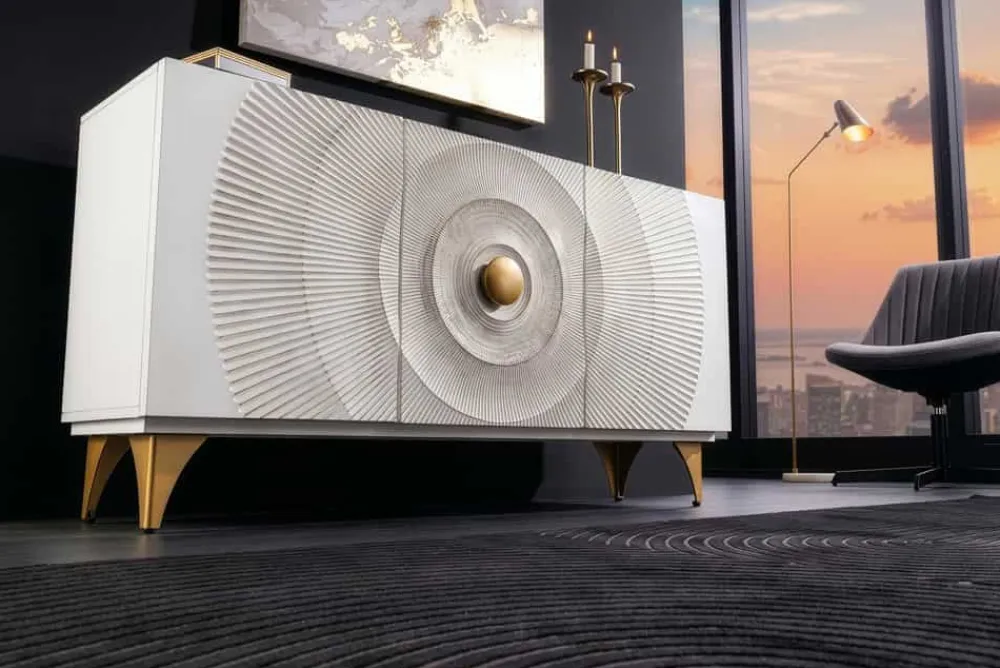 Riess-Ambiente Goldene Möbel|Mehr... > Handgearbeitetes Sideboard GOLDEN SUNSET 140cm weiß mit 3D Schnitzereien gold Mangoholz Metallbeine
