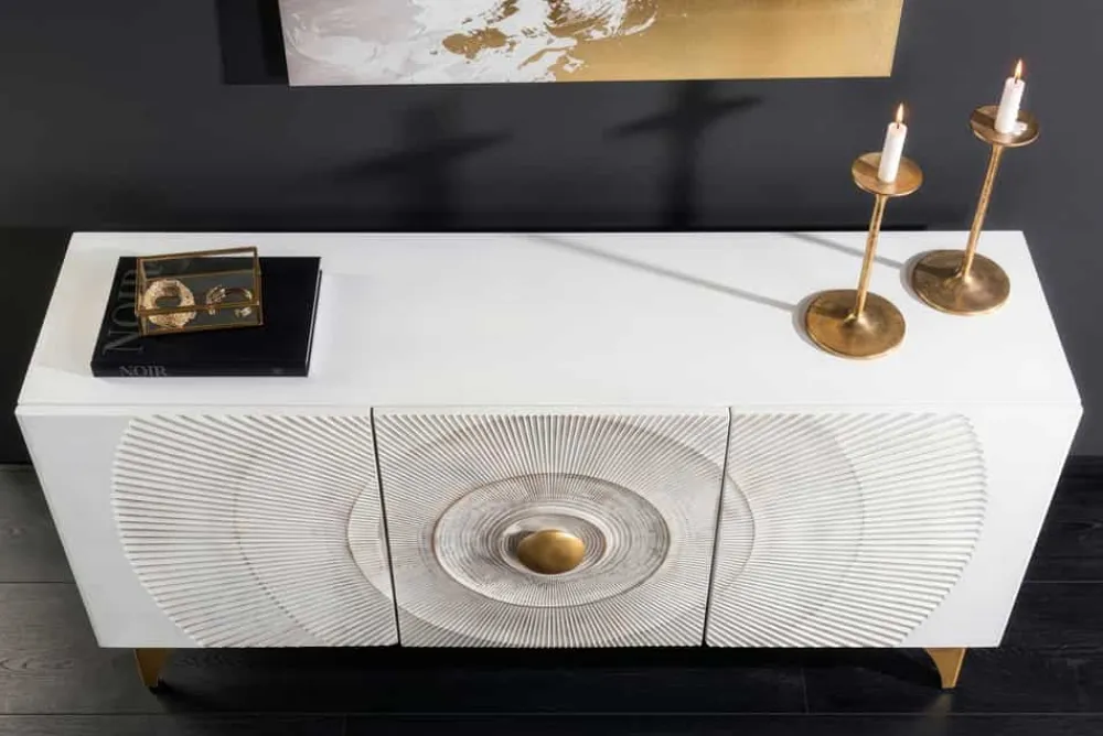 Riess-Ambiente Goldene Möbel|Mehr... > Handgearbeitetes Sideboard GOLDEN SUNSET 140cm weiß mit 3D Schnitzereien gold Mangoholz Metallbeine