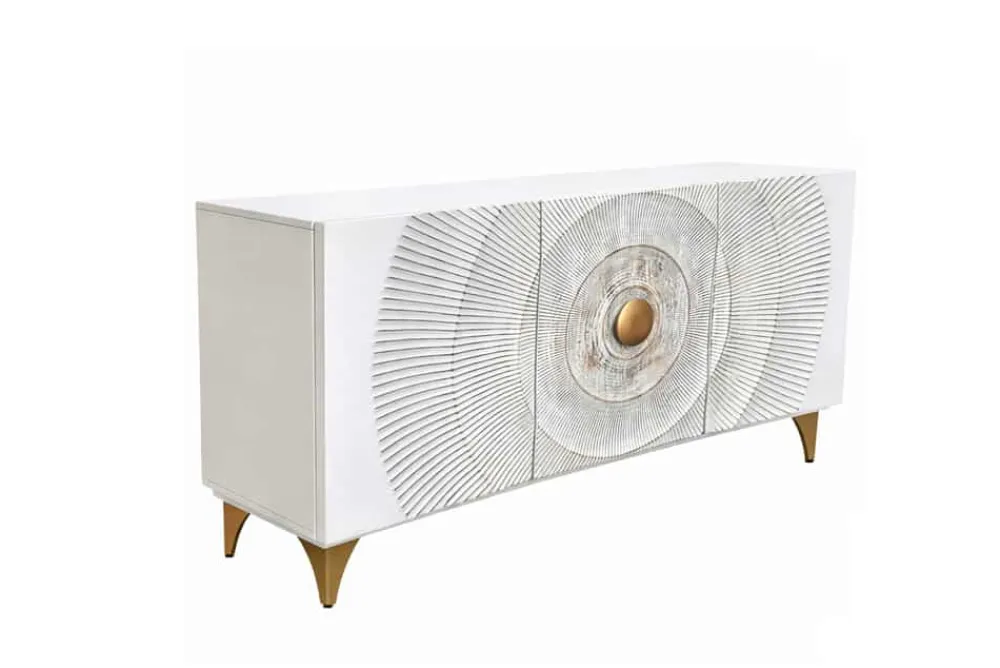 Riess-Ambiente Goldene Möbel|Mehr... > Handgearbeitetes Sideboard GOLDEN SUNSET 140cm weiß mit 3D Schnitzereien gold Mangoholz Metallbeine