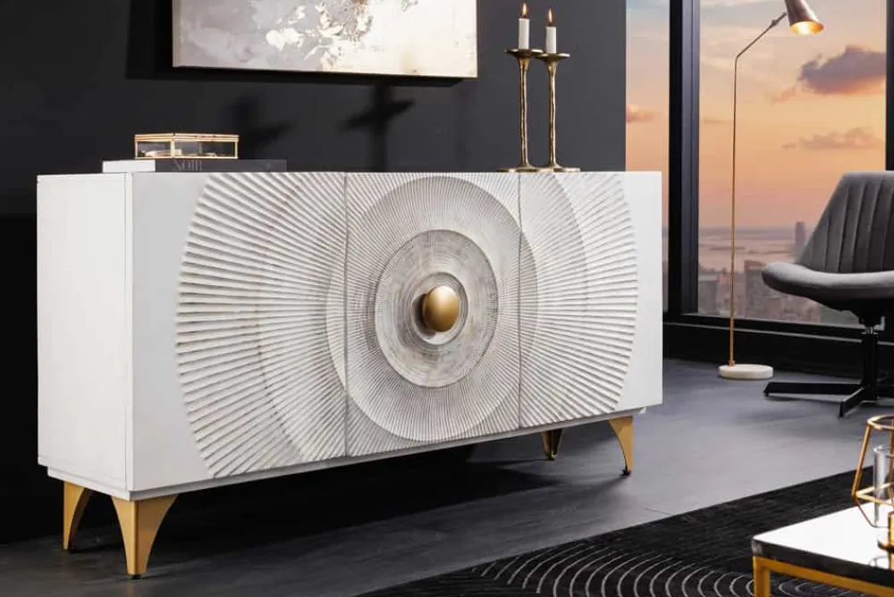 Riess-Ambiente Goldene Möbel|Mehr... > Handgearbeitetes Sideboard GOLDEN SUNSET 140cm weiß mit 3D Schnitzereien gold Mangoholz Metallbeine
