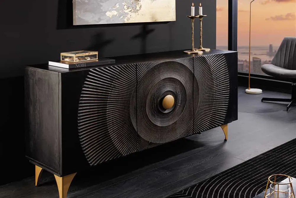 Riess-Ambiente Mehr...|Massivholzschränke > Handgearbeitetes Sideboard GOLDEN SUNSET 140cm schwarz mit 3D Schnitzereien gold Mangoholz Metallbeine