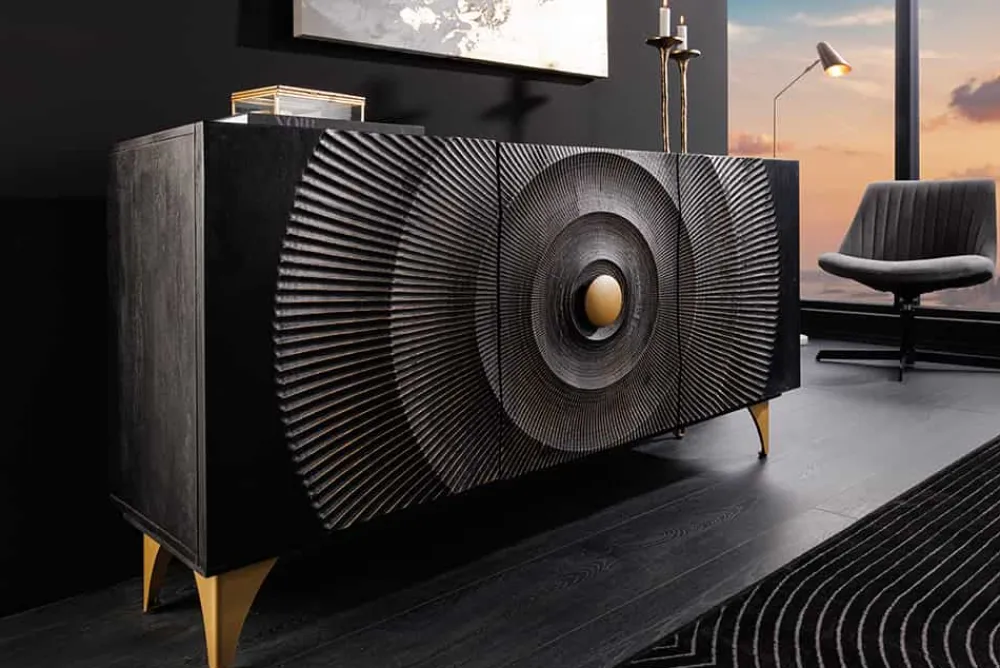 Riess-Ambiente Mehr...|Massivholzschränke > Handgearbeitetes Sideboard GOLDEN SUNSET 140cm schwarz mit 3D Schnitzereien gold Mangoholz Metallbeine