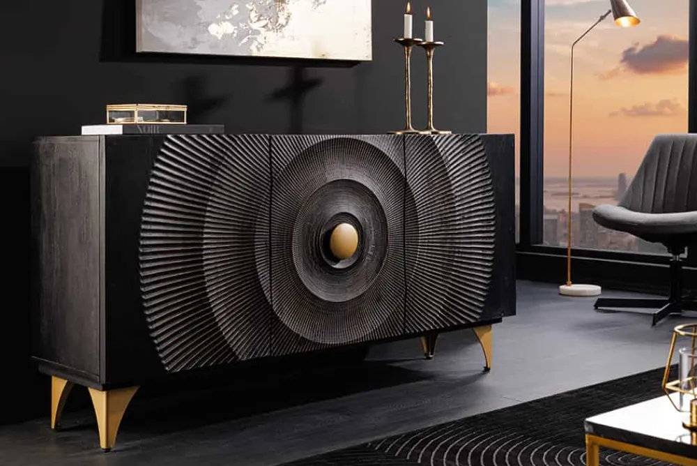 Riess-Ambiente Mehr...|Massivholzschränke > Handgearbeitetes Sideboard GOLDEN SUNSET 140cm schwarz mit 3D Schnitzereien gold Mangoholz Metallbeine