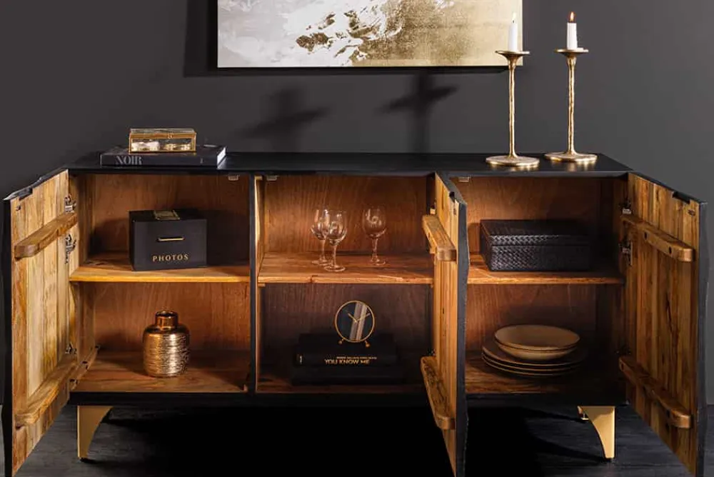 Riess-Ambiente Mehr...|Massivholzschränke > Handgearbeitetes Sideboard GOLDEN SUNSET 140cm schwarz mit 3D Schnitzereien gold Mangoholz Metallbeine