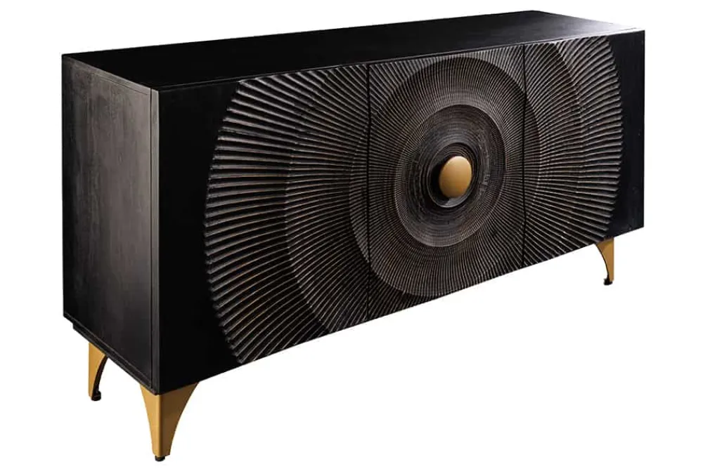 Riess-Ambiente Mehr...|Massivholzschränke > Handgearbeitetes Sideboard GOLDEN SUNSET 140cm schwarz mit 3D Schnitzereien gold Mangoholz Metallbeine