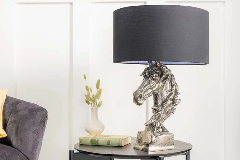 Riess-Ambiente Tischlampen > Handgearbeitete Tischlampe CABALLO 60cm silber schwarz Metall Baumwolle Pferde-Skulptur