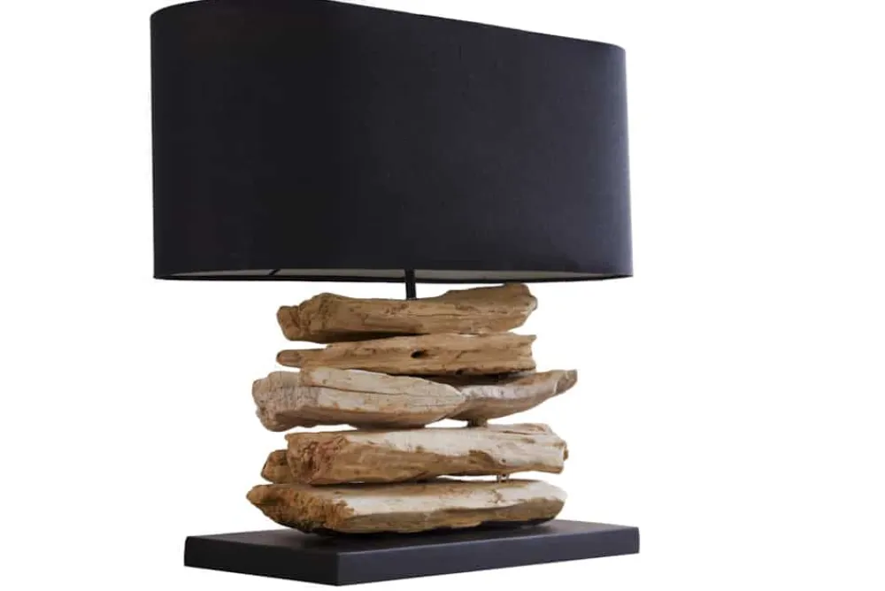 Riess-Ambiente Mehr...|Mehr... > Handgearbeitete Treibholz Lampe RIVERINE 55cm schwarz Leinenschirm Tischleuchte