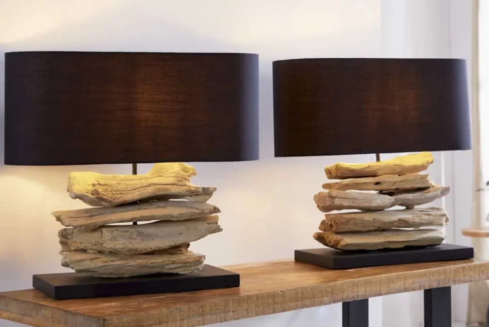 Riess-Ambiente Mehr...|Mehr... > Handgearbeitete Treibholz Lampe RIVERINE 55cm schwarz Leinenschirm Tischleuchte