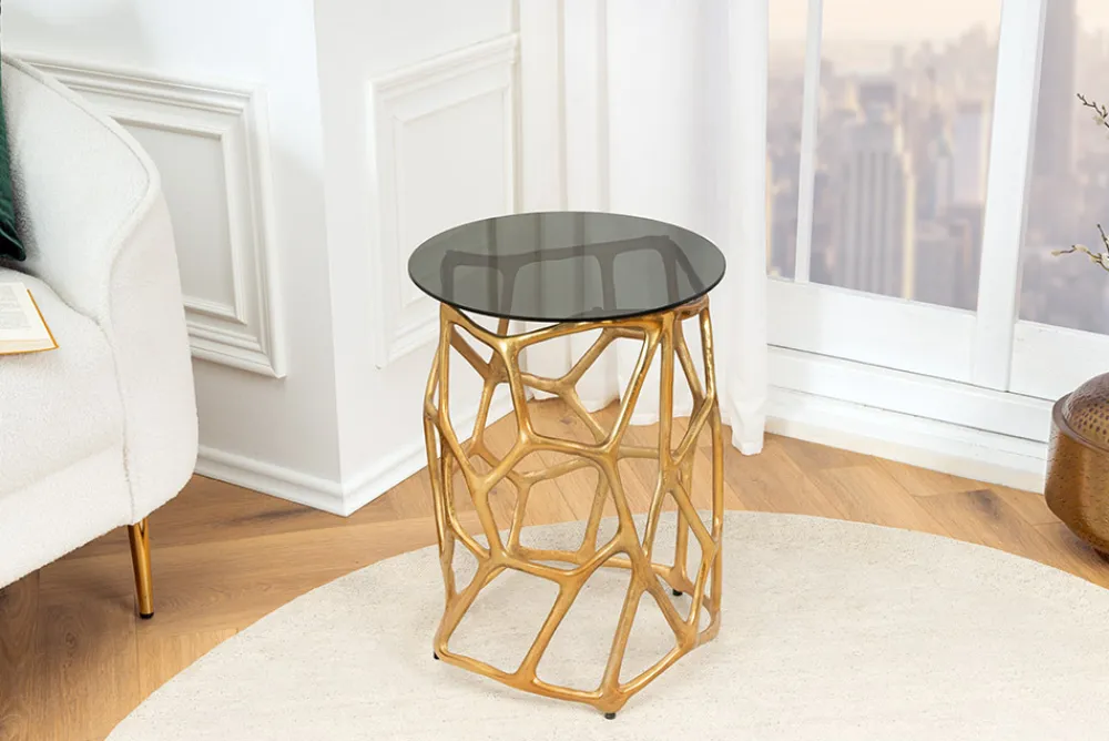 Riess-Ambiente Beistelltische|Goldene Möbel > Handgefertigter Beistelltisch LIQUID GEOMETRIE 50cm gold rund Metall Schwarzglas