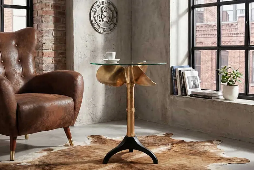 Riess-Ambiente Beistelltische|Goldene Möbel > Handgefertigter Beistelltisch OCEAN 75cm gold schwarz Glasplatte Metall maritim rund
