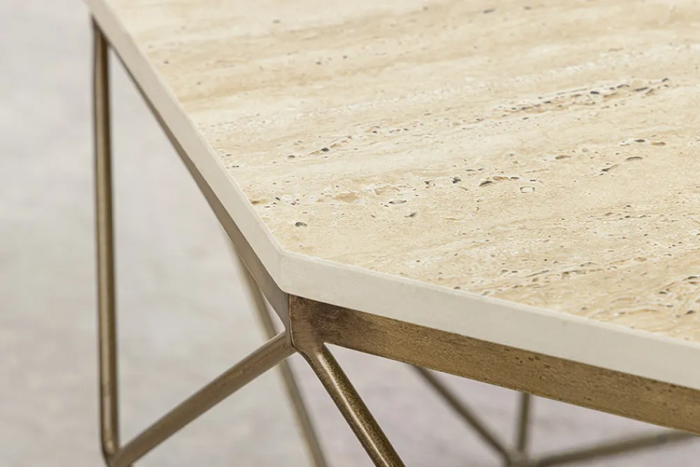 Riess-Ambiente Goldene Möbel|Couchtische & Truhen > Handgefertigter Couchtisch DIAMOND 70cm beige Travertin messing Eisen