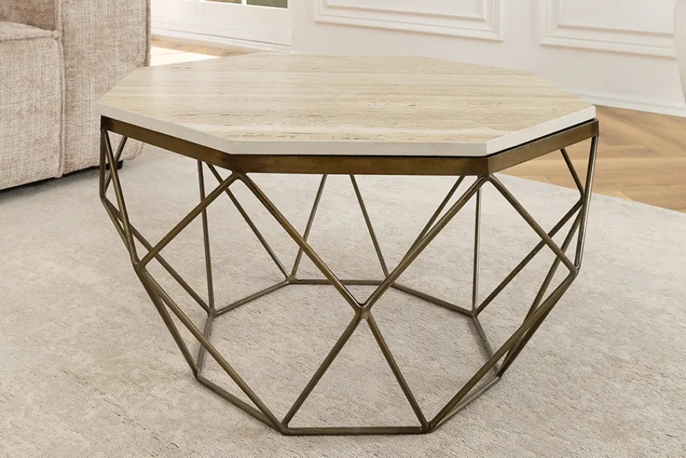 Riess-Ambiente Goldene Möbel|Couchtische & Truhen > Handgefertigter Couchtisch DIAMOND 70cm beige Travertin messing Eisen