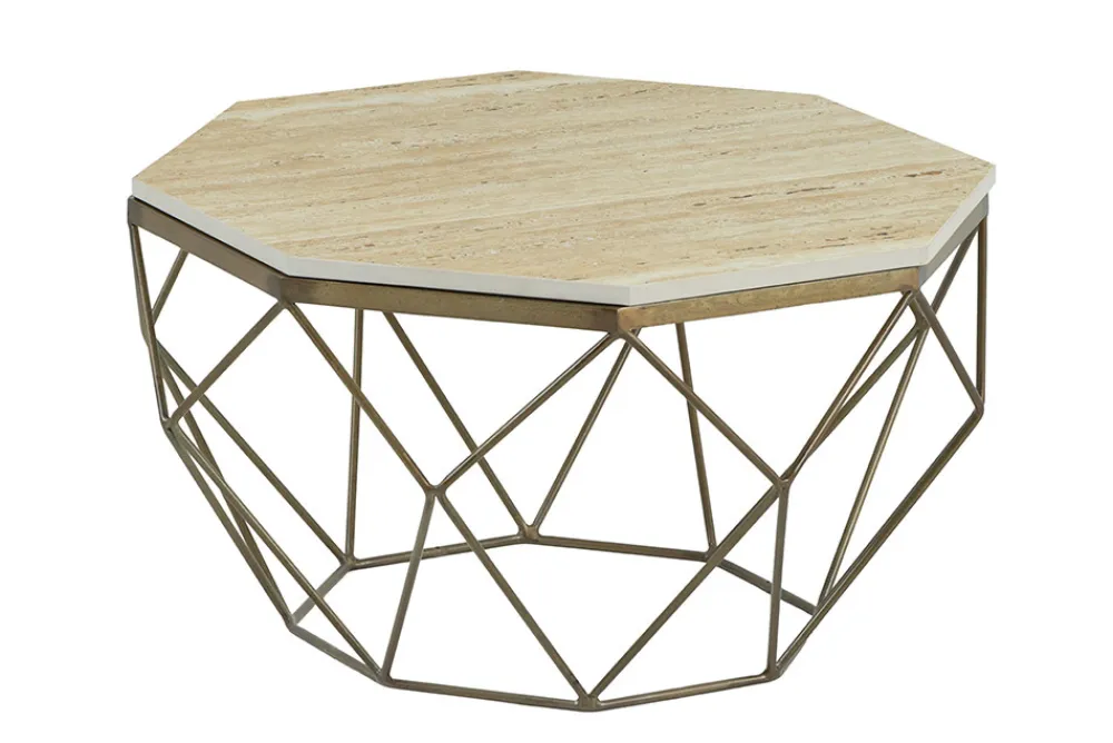 Riess-Ambiente Goldene Möbel|Couchtische & Truhen > Handgefertigter Couchtisch DIAMOND 70cm beige Travertin messing Eisen