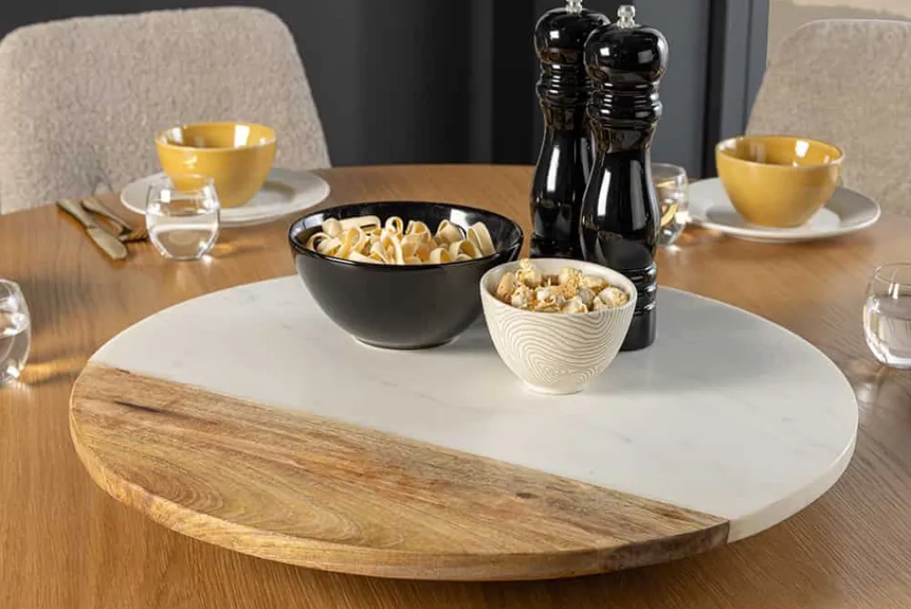 Riess-Ambiente Dekoration > Handgefertigter Drehteller SERVANT 50cm weiß natur Marmor Mangoholz Dekoplatte rund