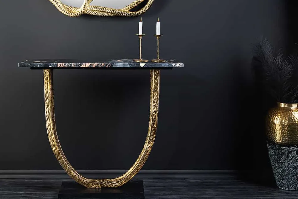 Riess-Ambiente Goldene Möbel|Konsolentische > Handgefertigter Konsolentisch OMEGA 80cm schwarz Marmor gold Metall