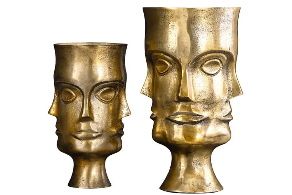 Riess-Ambiente Dekoration|Goldene Möbel > Handgefertigtes 2er Set Vasen FACE 40cm messing antik Metall Blumentöpfe