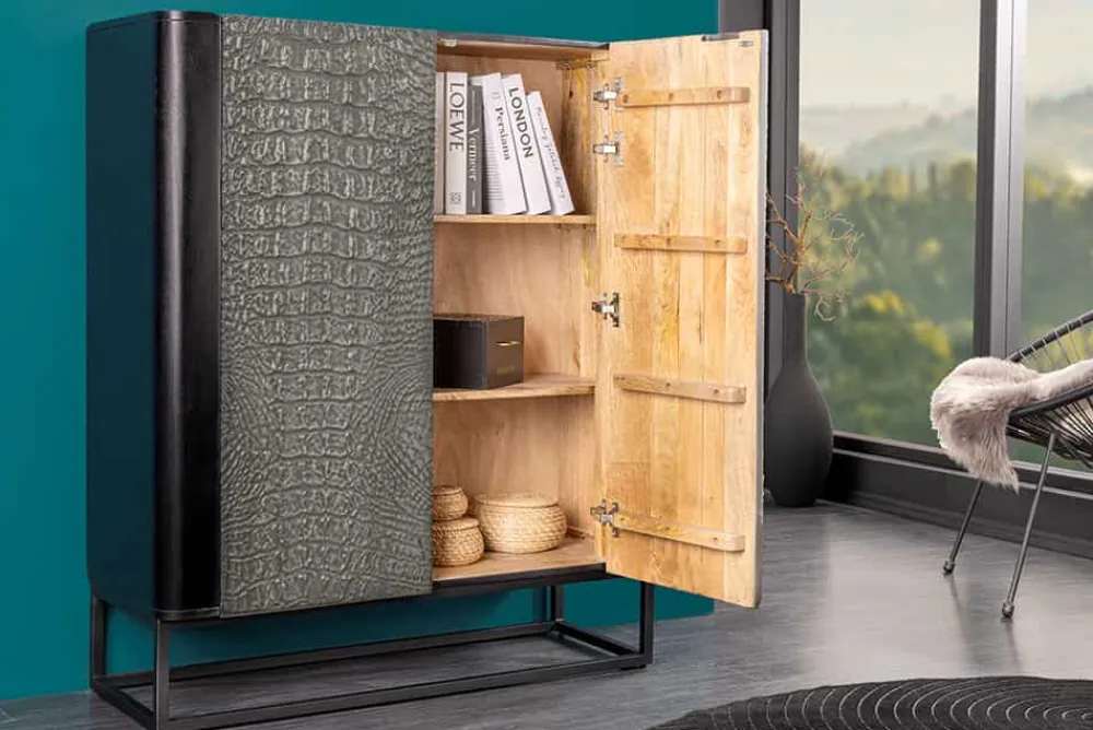 Riess-Ambiente Mehr...|Massivholzschränke > Handgefertigtes Highboard CROCO 120cm grau schwarz Mangoholz massiv 3D-Design