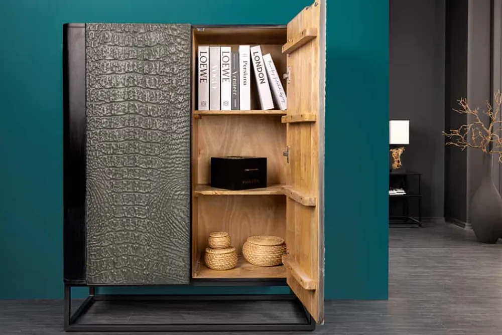 Riess-Ambiente Mehr...|Massivholzschränke > Handgefertigtes Highboard CROCO 120cm grau schwarz Mangoholz massiv 3D-Design