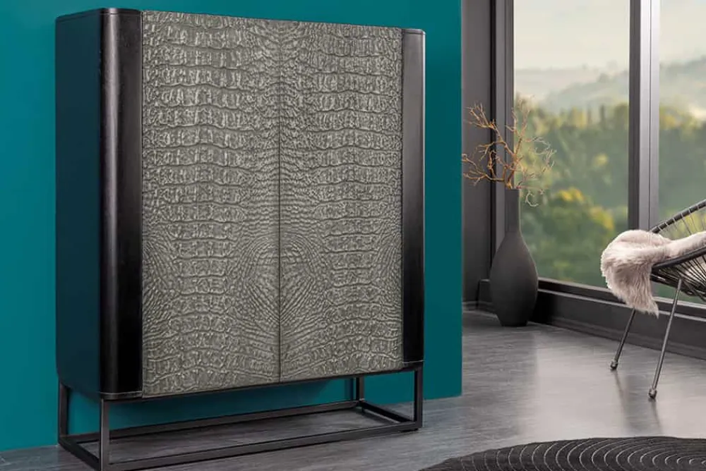 Riess-Ambiente Mehr...|Massivholzschränke > Handgefertigtes Highboard CROCO 120cm grau schwarz Mangoholz massiv 3D-Design