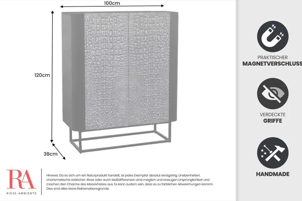 Riess-Ambiente Mehr...|Massivholzschränke > Handgefertigtes Highboard CROCO 120cm braun Mangoholz massiv 3D-Design