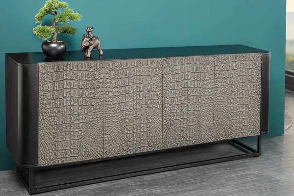 Riess-Ambiente Mehr...|Sideboards & Kommoden > Handgefertigtes Sideboard CROCO 180cm grau schwarz Mangoholz mit 3D Schnitzereien massiv Metall