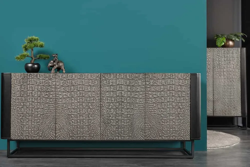 Riess-Ambiente Mehr...|Sideboards & Kommoden > Handgefertigtes Sideboard CROCO 180cm grau schwarz Mangoholz mit 3D Schnitzereien massiv Metall