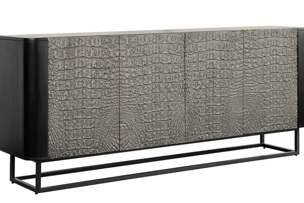 Riess-Ambiente Mehr...|Sideboards & Kommoden > Handgefertigtes Sideboard CROCO 180cm grau schwarz Mangoholz mit 3D Schnitzereien massiv Metall