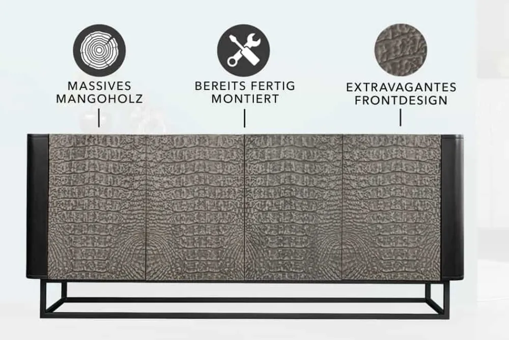 Riess-Ambiente Mehr...|Sideboards & Kommoden > Handgefertigtes Sideboard CROCO 180cm grau schwarz Mangoholz mit 3D Schnitzereien massiv Metall