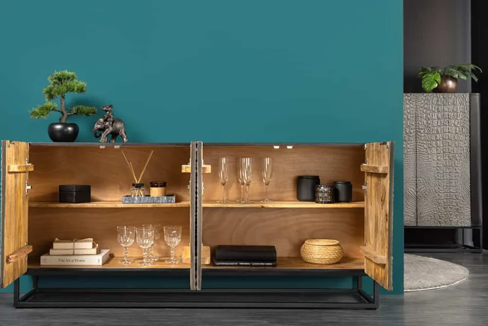 Riess-Ambiente Mehr...|Sideboards & Kommoden > Handgefertigtes Sideboard CROCO 180cm grau schwarz Mangoholz mit 3D Schnitzereien massiv Metall