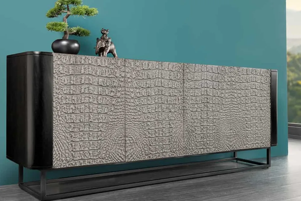 Riess-Ambiente Mehr...|Sideboards & Kommoden > Handgefertigtes Sideboard CROCO 180cm grau schwarz Mangoholz mit 3D Schnitzereien massiv Metall