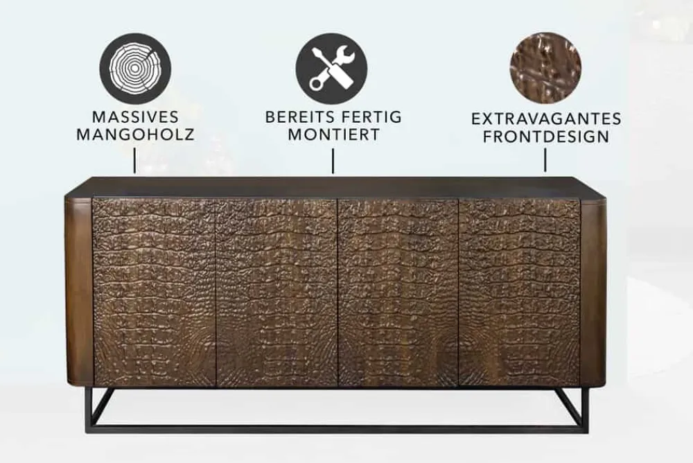 Riess-Ambiente Sideboards & Kommoden|Mehr... > Handgefertigtes Sideboard CROCO 180cm gold braun Mangoholz mit 3D Schnitzereien massiv schwarz Metall