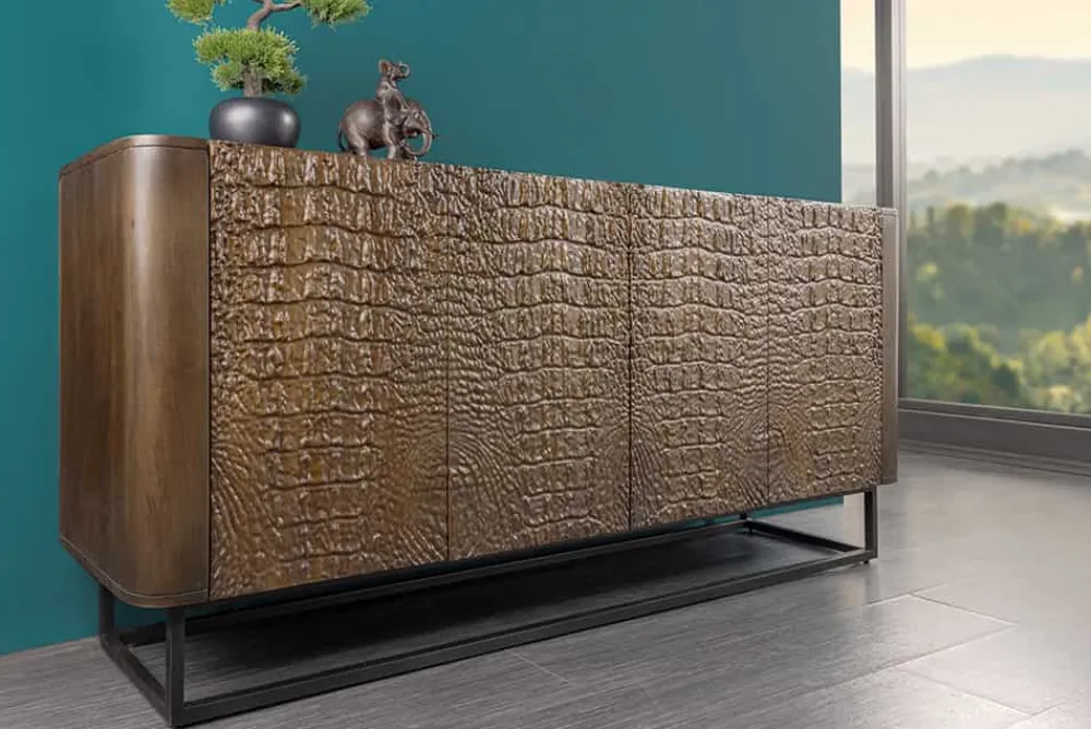 Riess-Ambiente Sideboards & Kommoden|Mehr... > Handgefertigtes Sideboard CROCO 180cm gold braun Mangoholz mit 3D Schnitzereien massiv schwarz Metall